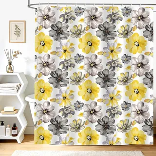 hometrixx Frühling Bunt Duschvorhang Blumen Aquarell 180x200cm Gelb Grau | Wasserdicht Polyester, Maschinenwaschbar, Badevorhänge mit 12 Ringe, Schimmelresistent Badezimmervorhang für Dusche Bad