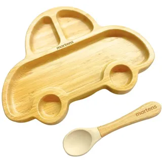 Martons Hochwertiges Bambus Teller mit Saugnapf, Rutschfestem mit passendem Baby Löffel, Geschirr Set mit schöne Geschenkbox, universal Beige farbe