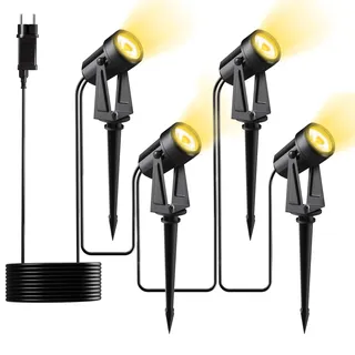 Pogestrand LED Gartenbeleuchtung mit Strom 14M 4er-1Set IP65 Wasserdichter | 3000K Warmweißem Gartenstrahler mit Adapter,2W COB Wegeleuchten 27V Led Strahler Außen mit Erdspieß für Garten Yard Hof