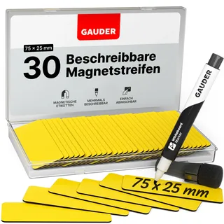 GAUDER Magnetstreifen beschreibbar | Magnetschilder zum Beschriften | Magnetkarten für Kanban Board, Whiteboard & Tafel (75 x 25 mm)