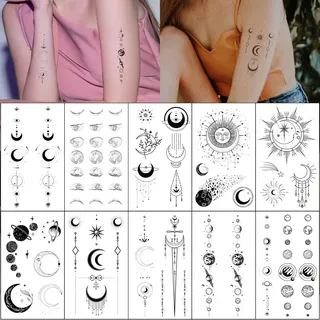 Esland Realistische temporäre Tattoo‐Aufkleber mit Mond‐, Sonnen‐ und Stern‐Motiven, Weltraum‐ und Planeten‐Designs sowie vertikalen Wirbelsäulenmotiven für Damen