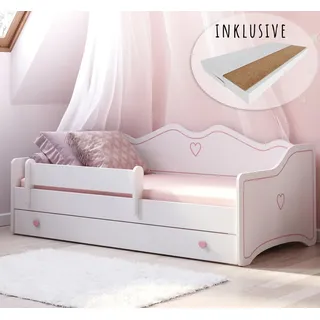 Kids Collective Kinderbett Jugendbett 80x160 mit Matratze Rausfallschutz & Schublade | Prinzessin Kinder Sofa Couch Bett umbaubar rosa weiß