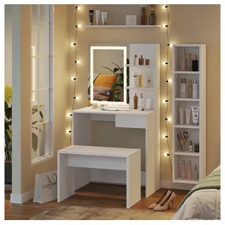 Vicco Schminktisch Dekos Weiß 75 cm mit LED-Spiegel QI-Ladegerät und Bank