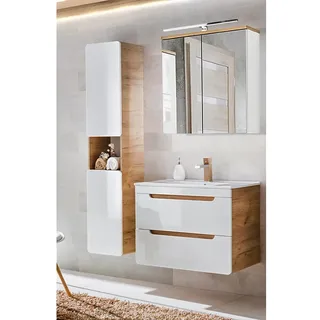 Badezimmerset in Hochglanz weiß mit Wotan Eiche Nb. LUTON-56 Keramik-Waschtisch und Spiegelschrank B/H/T ca. 131/195/46 cm - Weiß