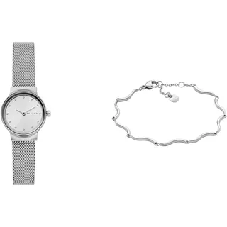 Skagen Damen Freja Lille Silberfarbene Edelstahl Uhr und Essential Waves Armband, Set