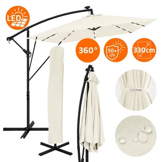 ML-Design Ampelschirm Ø330cm mit LED Solar Beige Alu Sonnenschirm mit Kurbel Abdeckung & Ständer Sonnenschutz & wasserabweisend drehbar & neigbar - Beige