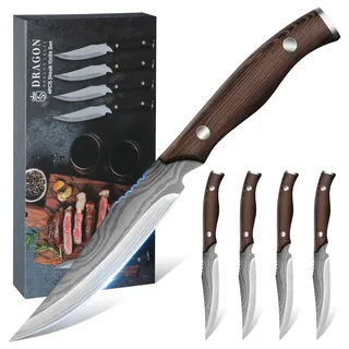 Dragon Creek Steakmesser Set 4-teilig Edelstahl mit Holzgriff | Scharfe Steakmesser mit ergonomischem Holzgriff, für Küche, Essen und Restaurant geeignet