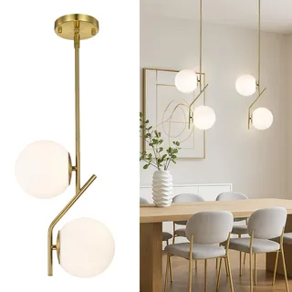 Alighting Pendelleuchte Gold mit 2 Milchglas Kugeln Ø15 cm Mid Century Modern Pendelleuchte Glas für Kücheninsel Esstisch Flur Schlafzimmer Bad