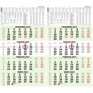 Zettler - 4-Monatskalender Recycling 2025, 33x58,8cm, Bürokalender mit Jahresübersicht, Blauer Engel, Datumsschieber, faltbar, 4 Monate auf einen Blick, Feiertage DE und deutsches Kalendarium