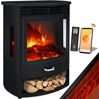 KESSER® Prio Elektrokamin mit Heizung Heizlüfter Fernbedienung WiFi App 950/1900 W Kamin elektrisch LED-Flammeneffekt Kaminfeuer Elektro Kamin mit Thermostat Panorama-Sichtfenster Heizfunktion Timer - Schwarz