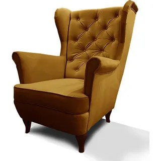 Beautysofa Chesterfield-Sessel Falco gelb mit Holzbeinen , Currygelb , Textil , 82x102x92 cm , Wohnzimmer, Sessel, Ohrensessel