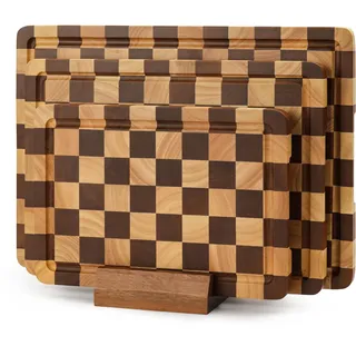 WILLKOMMEN Kariertes Schneidebrett-Set, 3-teilige Holz-Schachbrett-Endmaserungs-Schneidebretter mit Halter und Saftrille, Holz-Küchenschneidebretter zum Zubereiten und Servieren (S, M, L)