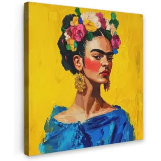 MuchoWow Leinwandbild Frida Kahlo - Frau - Gelb - Blau - Blumen Deko Groß 90x90 cm , Textil , Kiefer , Abstrakt , Quadratisch , 90x90 cm , FSC 100% , gerahmt , Bilder & Rahmen, Bilder, Leinwandbilder