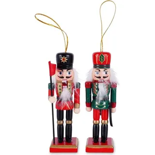 H&S Decoration 2er Set Nussknacker aus Holz mehrfarbig 12 cm Christbaumschmuck - Rot