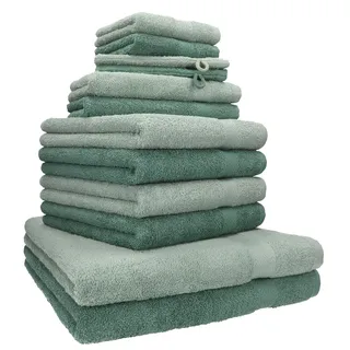 Betz Premium Handtuch-Set 12-teilig – 100% Baumwolle – Oeko-TEX® Zertifiziert – 470 g/m2 – 2 Duschtücher, 4 Handtücher, 2 Gästetücher, 2 Seiftücher & 2 Waschhandschuhe - Farbe heugrün/tannengrün