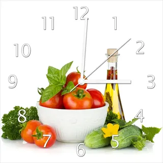 Wallario Design Wanduhr Frische Salatzutaten mit Kräuter-Öl - Tomaten, Gurke, Petersilie aus Echtglas, Größe 30 x 30 cm - Weiß