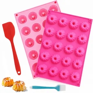 2 Stück Mini Gugelhupfform Silikon, Gugelhupfform Klein, 29X19.5X2.2cm | Antihaftbeschichtung, Mit Silikonspatel und Pinsel, Savarin Stil Wiederverwendbare für Muffins Brownie Pudding Kuchen