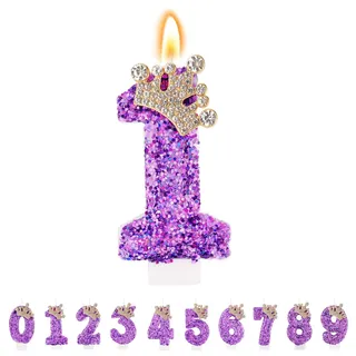 TESGADGETS Lila Geburtstagskerzen, kombinierbare Kronen-Geburtstagskerzen mit Zahl 1 für Kuchen, glitzernde Kerze mit der Zahl 1 als Kuchenaufsatz für Jubiläumsfeiern