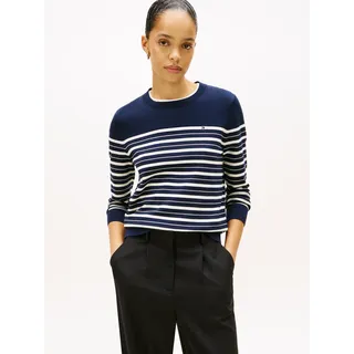 Rundhalspullover TOMMY HILFIGER "CO JERSEY STITCH LS C-NK SWT", Damen, Gr. XS (34), schwarz night navy, calico multi stp, Strick, Obermaterial: 67% Baumwolle, 33% Polyamid, gestreift, normal hüftlang, Rundhals, Bündchen, Pullover Rundhalspullover, mit Logostickerei
