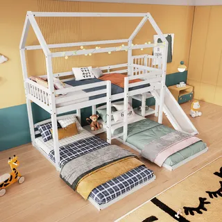 MODFU Etagenbett Kinderbett 90x200cm(drei Bett) mit Rutsche, Hochbett Hausbett mit Rausfallschutz, Kieferbett Stockbett mit dreistufiger Leiter, Jugendbett Bettgestell, weiß-Unterbett ohne Lattenrost - Weiß