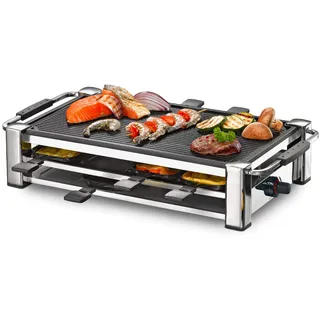 ROMMELSBACHER RCC 1500 Raclette-Grill (extra langes Kabel (2m), Tischgrill für 8 Personen, gerippte Alu-Druckguss-Grillplatte, Xylan Plus Antihaftbeschichtung, Parkdeck, 1500 W) chrom