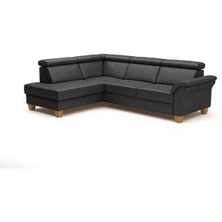 CAVADORE Leder-Schlafcouch Ammerland mit Ottomane / Landhaus-Sofa mit Federkern, Bett, Bettkasten + Kopfteilverstellung / 245 x 84 x 194 / Leder Schwarz