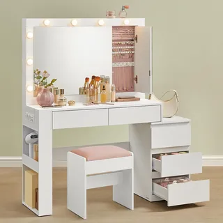 VASAGLE Schminktisch Frisiertisch mit Schubladen, Schmuckschrank, Steckdosenleiste, LED-Beleuchtung - Weiß