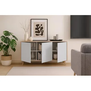 Dmora - Arvada-Sideboard, Küchenbuffet, Wohnzimmer-Design-Garderobe, modernes Sideboard mit 3 Türen und Regalen, 154 x 40 x 75 cm, Eiche und Weiß
