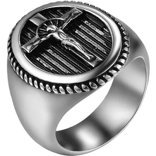 JewelryWe Kreuz Ring Siegelring Herren: Silber Edelstahl Herren-Ring Jesus Christus Kruzifix Fingerring Christlicher Religiöser Kreuzring Band Katholischer Schmuck Geschenk für Männer Größe 60