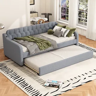 MODFU Schlafsofa Tagesbett 90x200cm mit ausziehbares Rollbett und USB-Anschluss, Sofabett Holzbett Daybett Kinderbett Jugendbett, Linen Grau(Ohne Matratze) - Grau