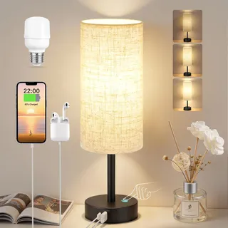 PreeOtti Nachttischlampe Touch Dimmbar, Tischlampe mit USB A+C Ladefunktion, Beige Lampenschirm aus Leinen, Touch Lampe für Nachttisch Wohnzimmer Schlafzimmer Kinderzimmer Büro(Inklusive Birne)