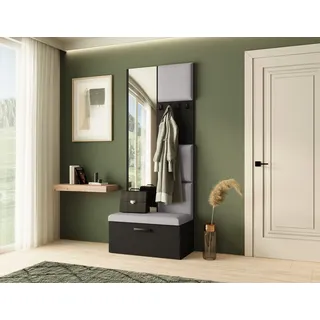 Garderobe MARGARET III , Farbe: Schwarz + Grau , mit gepolsterten Paneelen, Spiegel und Kleiderhaken - Schwarz, Grau