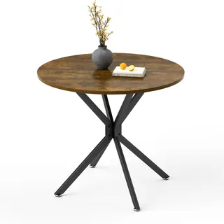 Komhtom Esstisch in Metall,Holztischplatte – 90 cm , Dunkelbraun , Glas , Vintage , Rund , 90x78x90 cm , Esszimmer, Esstische