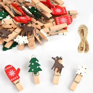 100 Stück Wäscheklammern Weihnachten,Kleine Holzklammern Weihnachten,Klammer Weihnachten,Mini Holzklammern für Fotos,Klammern für Adventskalender,Mini Holzklammern Weihnachten