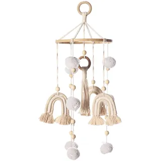 SWECOMZE Regenbogen Mobile Baby Holz mit PomPom Kinderzimmer Mädchen Bettglocke Windspiel Hängende für Babybett Kinderbett (Beige)