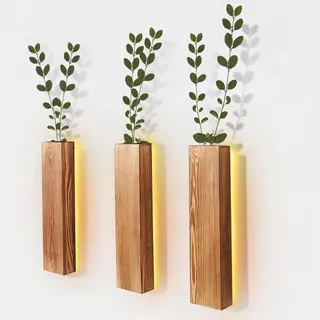 Btstil 3 Stück Holz Wandvase, Wand Pflanzgefäß Heimdekoration, Hängende Pflanzgefäße aus Holz für Trockenblumen Und Künstliches Grünpflanzen (3 Stück mit LED Lichtern)