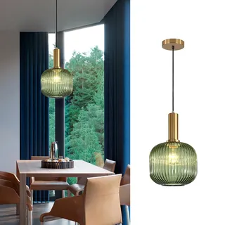 Tropibed Industrielle Vintage Pendelleuchte, e27 Glas Hängelampe, Lampenschirm aus Gestreiftem Glas Retro Deckenleuchte Hängelampe für Esszimmer Schlafzimmer Küchen Kronleuchter (Grün, 20cm)