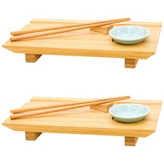 Bild 2x Japanisches Sushi Brett - 27x16x4 Bambus Platten Set - Teller mit Schälchen