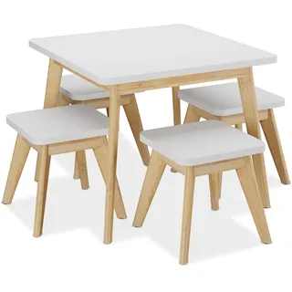 Relaxdays Kindersitzgruppe, 5-tlg., Kindertisch mit 4 Hockern, Mädchen & Jungen, Sitzecke fürs Kinderzimmer, weiß/natur