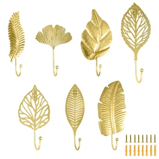MAIJIAJU 7 Stück Garderobenhaken Gold, Blätter Kleiderhaken Wand Haken zum Bohren mit 20 Schrauben, Metall Vintage Wandhaken Garderobe Kinder Moderne Kleiderhaken für Tür, Schlafzimmer, Garderoben