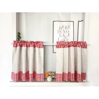 Daliena Scheibengardine 2er Set Karierte Bistrogardine Kurzgardine Leinenoptik Küchengardine Landhausstil Gardine Retro Vintage Fertige Kleinfenster Gardinen (BxH 90x45cm) Rot 2 stück