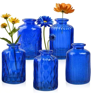 ELEGANTTIME Kobaltblaue Glasvase, kleine Blumenvase, Mini-Flasche mit Korkdrahtgriff, perfekt für Deko-Cafés, Bürotisch, Haus und Garten (Set 5)