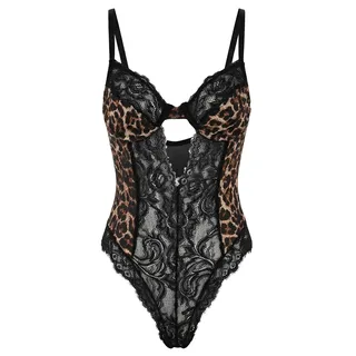 Black Fitted Leopard Print Lace/Satin Fancy Bodysuit Thmss26Bd00012