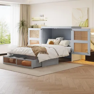 Flieks Schranktbett Wandbett 140x200cm mit Lattenrost, Jugendbett Doppelbett Rattan, Wandklappbett Funktionsbett mit Schubladen, Grau - Grau