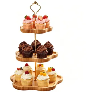 Etagere 3 Etagen aus Bambus, Cupcake Ständer 30 25 20 cm, Tortenständer Holz mit Metallgriff, Servierständer für Muffins Kuchen Obst, Hochzeit Geburtstag Party Deko, Dessert Präsentation, Rustikaler