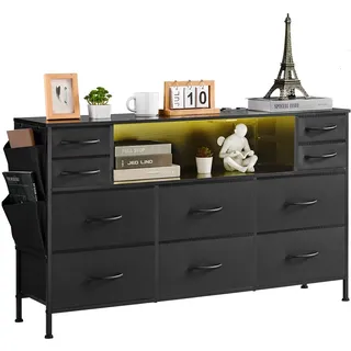 VEVOR Kommode (Stoff) mit 10 Schubladen Aufbewahrungsschrank Schrankschubladen mit offenem Lagerregal & LED-Leuchten & integrierter Steckdose, Aufbewahrungsturm für Schlafzimmer Flur Schrank, schwarz