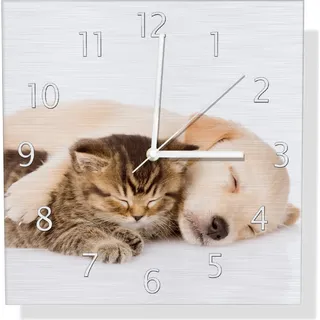 Wallario Design Wanduhr Katze und Hund in Harmonie - Kuschelnde Tiere aus Aluverbund, Größe 30 x 30 cm - Braun