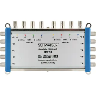 Schwaiger SEW98 531 Multischalter (2 Satellitenpositionen, bis zu 8 Teilnehmer, kein Netzanschluss nötig; DVB-T2 geeignet) Silber