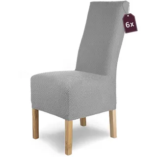 SCHEFFLER-Home Stuhlhussen Stretch Luna-Lang/Stuhlüberzug 6er Set Grau Lang/elastische Flanell Stuhlabdeckungen/Stuhlhussen Schwingstühle/Spann-Bezug Stuhl Überwurf als eleganter Schonbezug