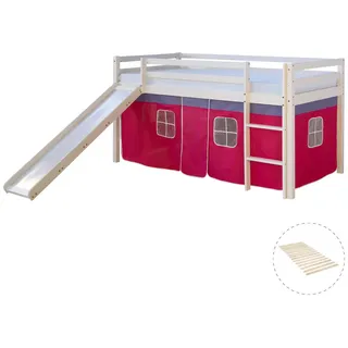 Homestyle4u Hochbett 90 x 200 cm Kiefer massiv lackiert Weiß/Pink